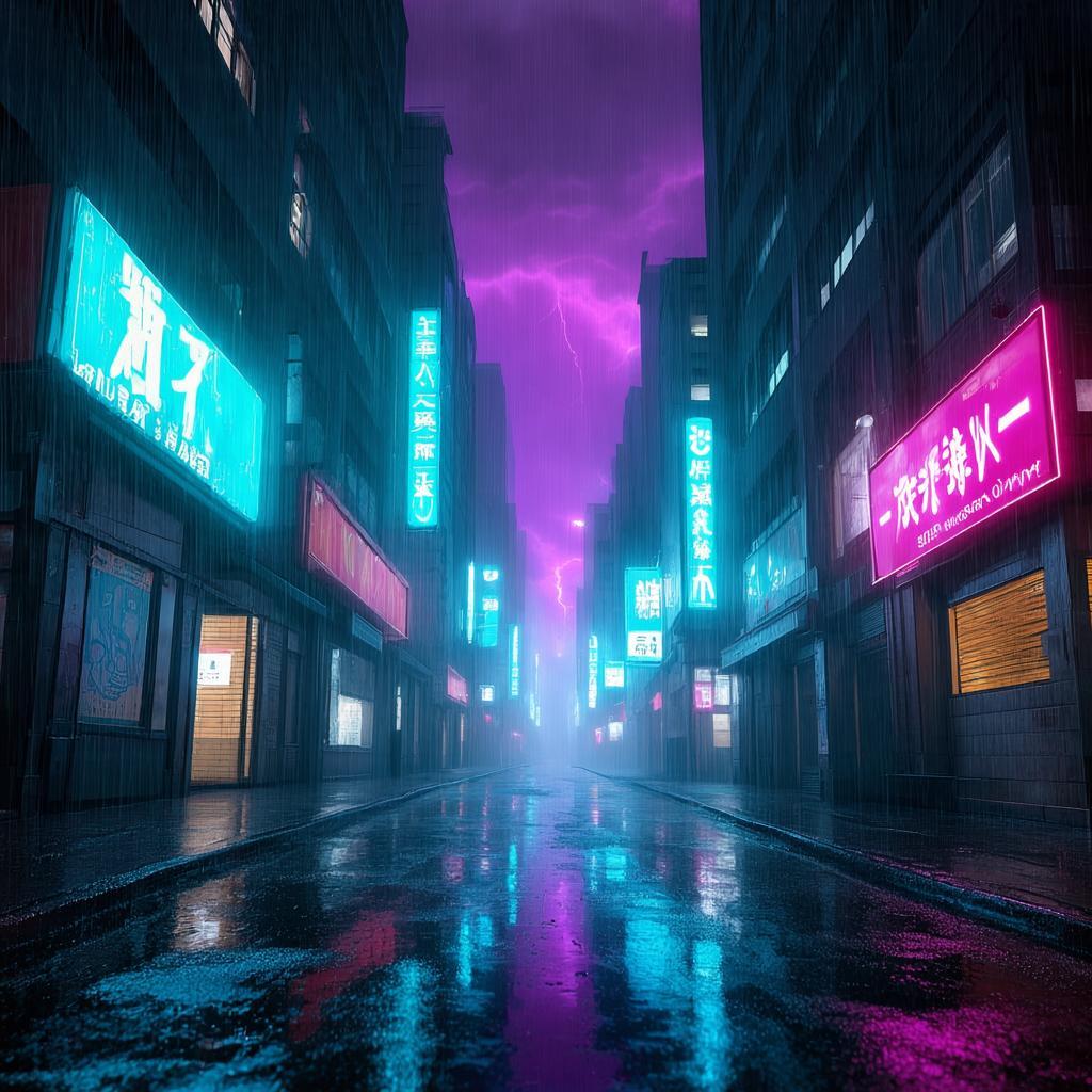 Neon city street in rain