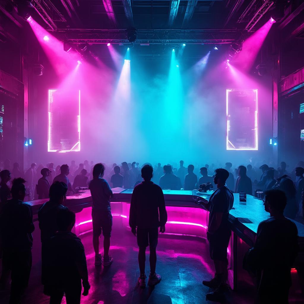 Neon District nightclub interior with holographic light